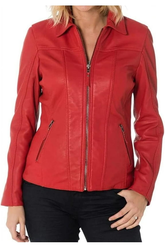 HOT Women's Genuine Lambskin Real Leather Jacket Red Stylish Collared Biker Coat W152