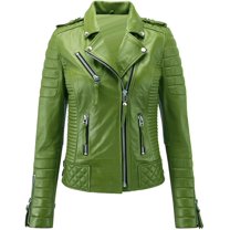 HOT Women's Genuine Lambskin Real Quilted Green Leather Jacket Stylish Collared Biker Coat W177