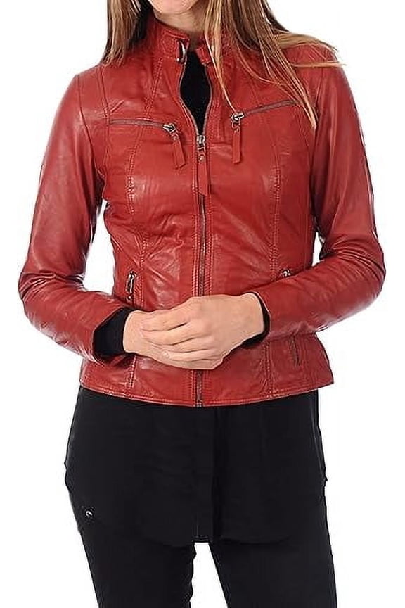 HOT! Women's Genuine Red Lambskin Leather Jacket Slim Fit Biker jacket Coat W651