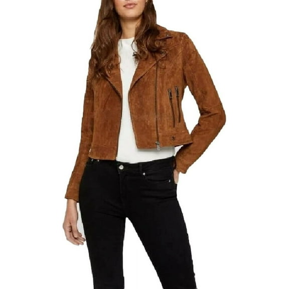 HOT Women's Genuine Sheepskin Pure Suede Leather Jacket Biker Fashion Coat Brown W094