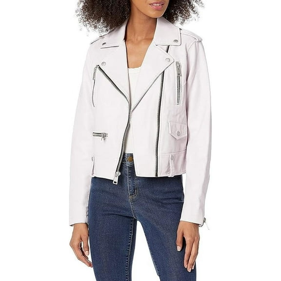 HOT Women's Genuine White Lambskin Real Leather Jacket Stylish Collared Biker Coat W428