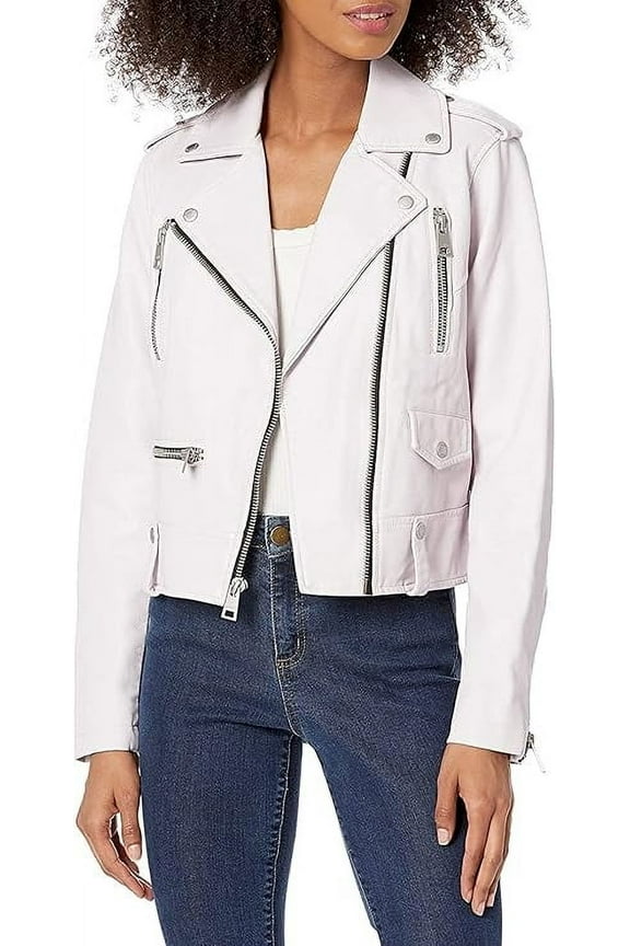 HOT Women's Genuine White Lambskin Real Leather Jacket Stylish Collared Biker Coat W428
