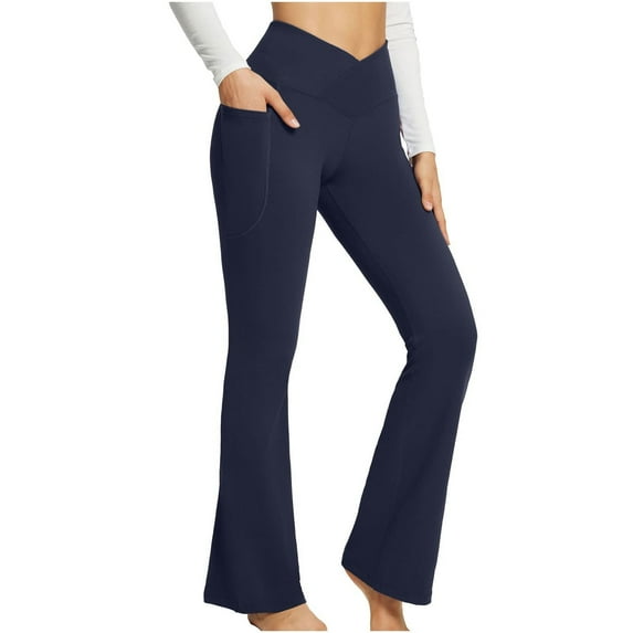HOT Womens Casual Flare Leggings with Pocket Bootleg Yoga Pants Crossover Hight Waisted Workout Pants-012