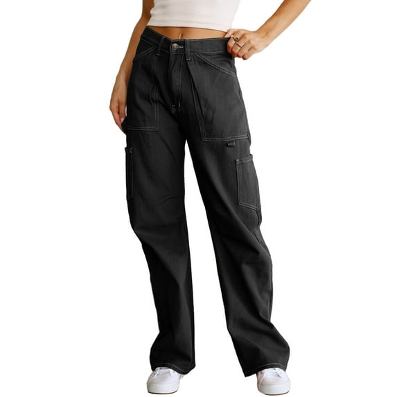 HOTAPEI Baggy Cargo Pants for Women Casual High Waisted Jeans Wide Leg Jeans With 6 Pockets US 4-18