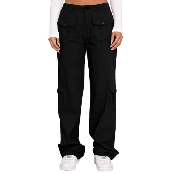 HOTAPEI Baggy Cargo Pants for Women Casual Wide Leg Pants Loose High Waisted Pants Straight Leg Pants Trousers with 6 Metal Button Pockets