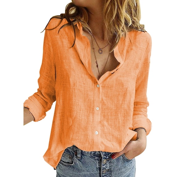 HOTAPEI Button Down Shirts for Women Casual Long Sleeve Shirt Linen Tops V Neck Blouses