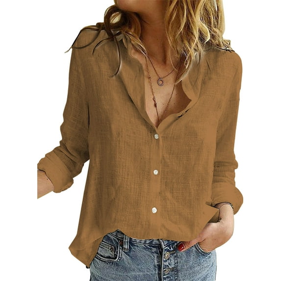 HOTAPEI Button Down Shirts for Women Casual Long Sleeve Shirt Linen Tops V Neck Blouses