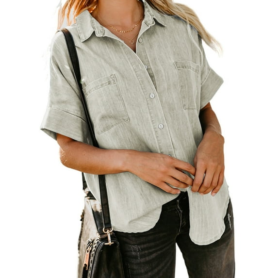 HOTAPEI Button Down Shirts for Women Casual Vintage V Neck Short Sleeve Tops With Pockets