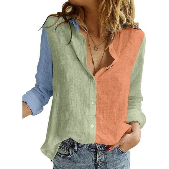 HOTAPEI Button Down Shirts for Women V Neck Color Block Blouses Casual Long Sleeve Shirt Tops