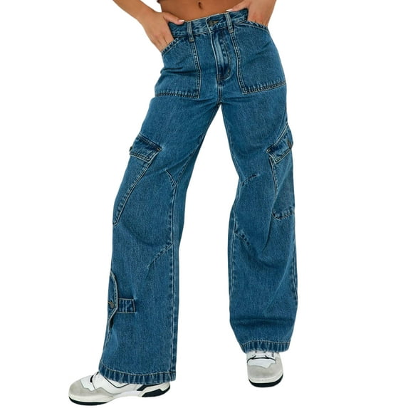 HOTAPEI Cargo Jeans for Women Mid Waist Jeans Wide Leg Denim Pants Casual Y2K Baggy Jeans with 6 Pockets