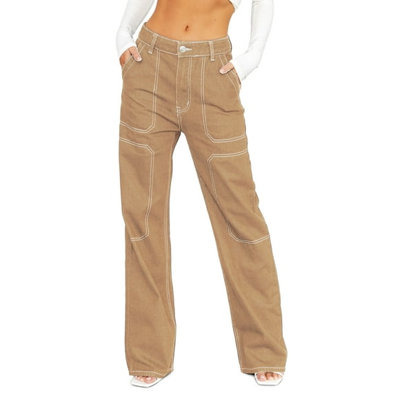 HOTAPEI Cargo Pants for Women Casual Mid Waist Jeans Wide Leg Pants Baggy Cargo Jeans With 4 Pockets US 4-18