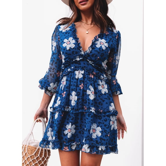 HOTAPEI Dresses for Women Floral Print Dress Summer Fashion Deep V Neck Long Sleeve Ruffle Backless Mini Short Dress