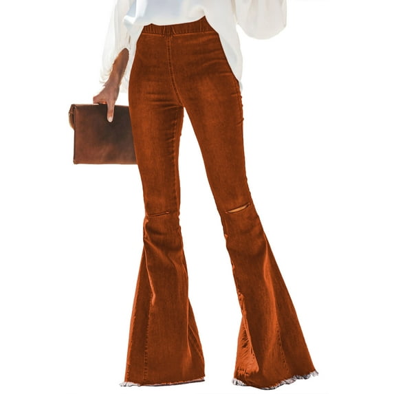 HOTAPEI Flare Jeans for Women Elastic Waist Ripped Jeans Raw Hem Bell Bottom Denim Pants