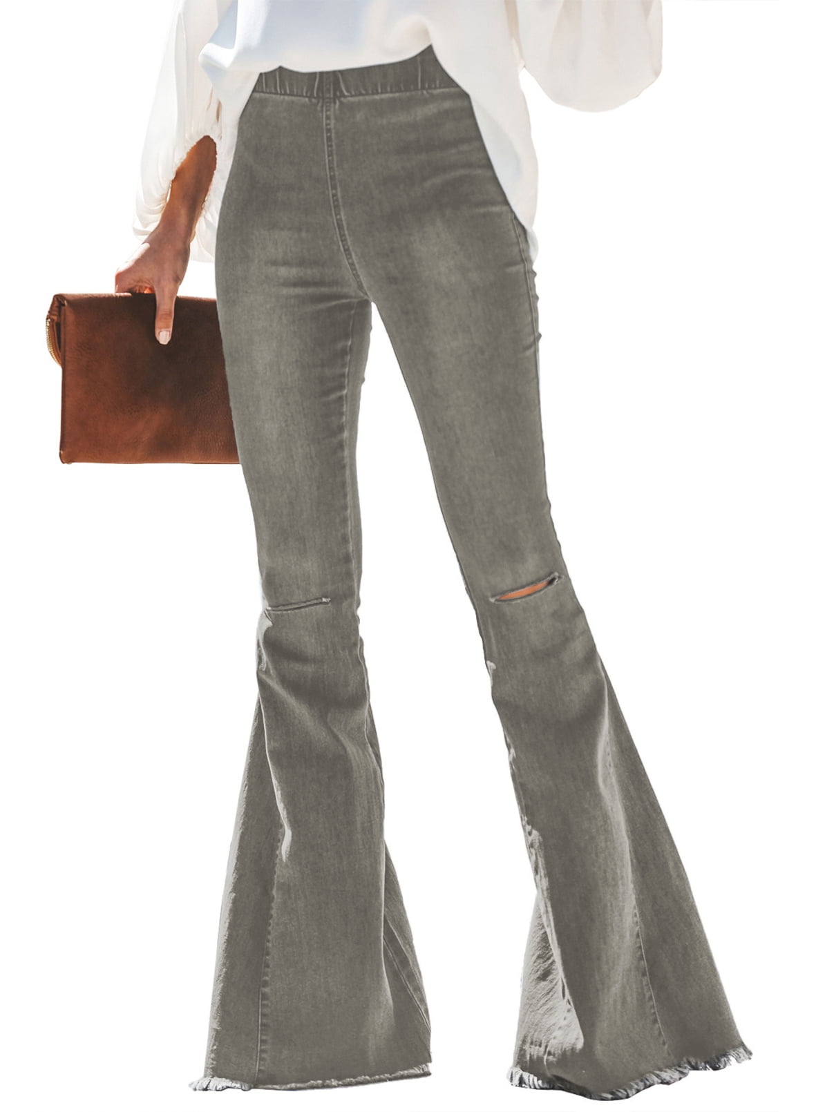 CutieLove Women's Ripped Bell Bottom Flare Jeans - High Waist, Destroyed Hem, Mid Rise