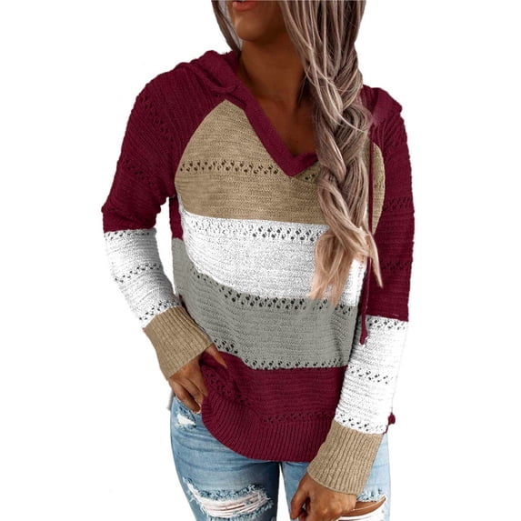 HOTAPEI Hooded Sweaters for Women Color Block Hoodie Crochet Hollow Out Sweater Long Sleeve Drawstring Hoodies Lightweight Hooded Sweater