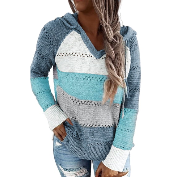 HOTAPEI Hooded Sweaters for Women Color Block Hoodie Crochet Hollow Out Sweater Long Sleeve Drawstring Hoodies Lightweight Hooded Sweater