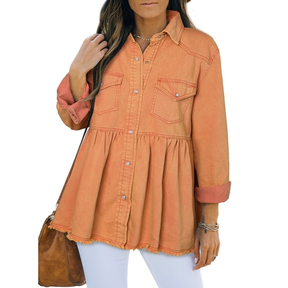 HOTAPEI Jean Jacket for Women Pleated Snap Buttoned Frayed Long Sleeve Distressed Denim Jackets With Bust Pockets