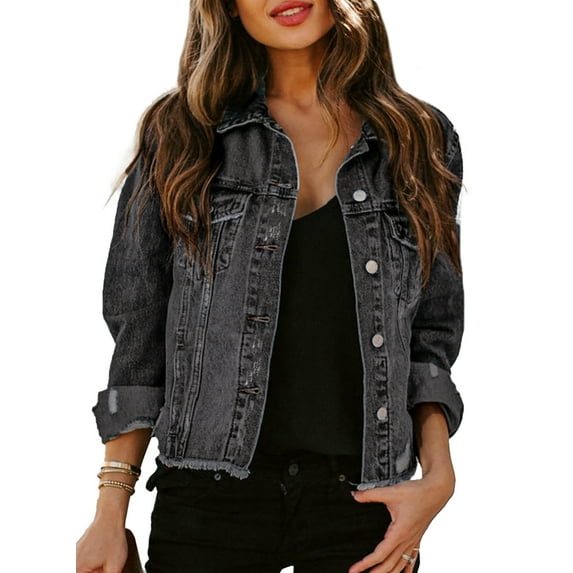 HOTAPEI Ripped Jean Jacket for Women Fashion Cropped Jacket Button Frayed Distressed Denim Jackets With Pocket