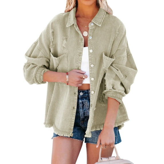 HOTAPEI Ripped Jean Jacket for Women Fashion Metal Button Down Frayed Distressed Boyfriend Denim Jackets With Pockets