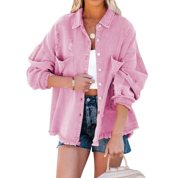 HOTAPEI Ripped Jean Jacket for Women Fashion Metal Button Down Frayed Distressed Boyfriend Denim Jackets With Pockets