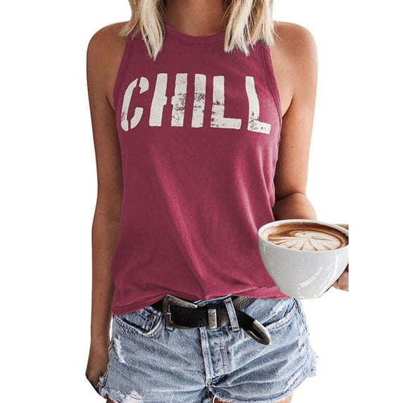 HOTAPEI Tank Tops for Women Summer Sleeveless Shirts Letter Print Casual Tops Round Neck Tank Top Blouse