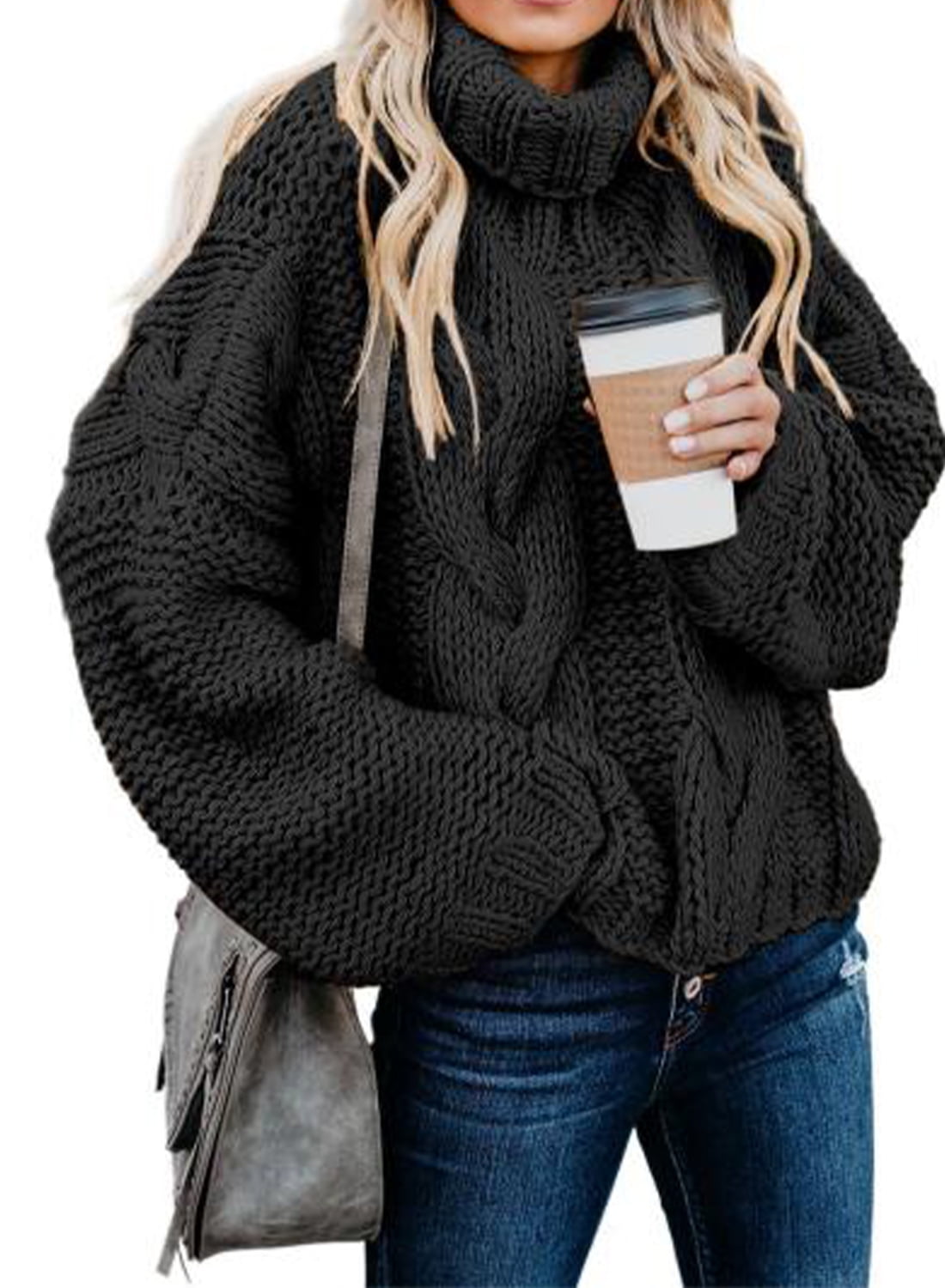 HOTAPEI Turtleneck Sweaters for Women Gray Oversized Chunky Cable