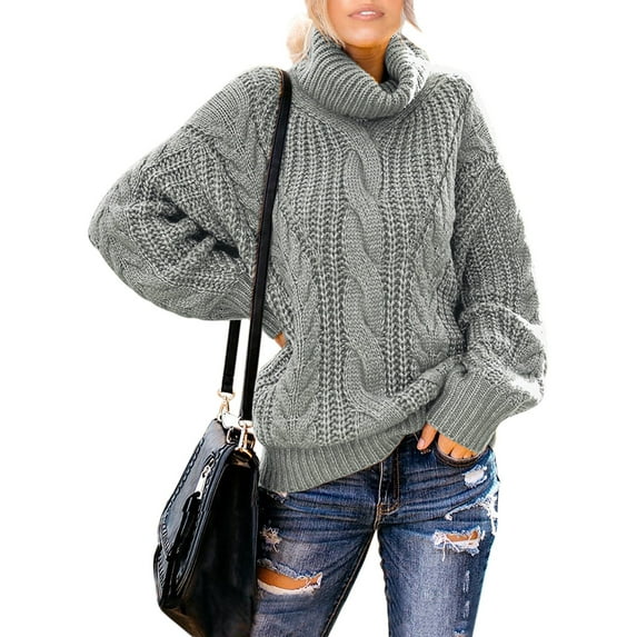 HOTAPEI Turtleneck Sweaters for Women Gray Oversized Cable Knit Sweater Soft Comfy Pullover Sweaters Pullover Knit Winter Tops