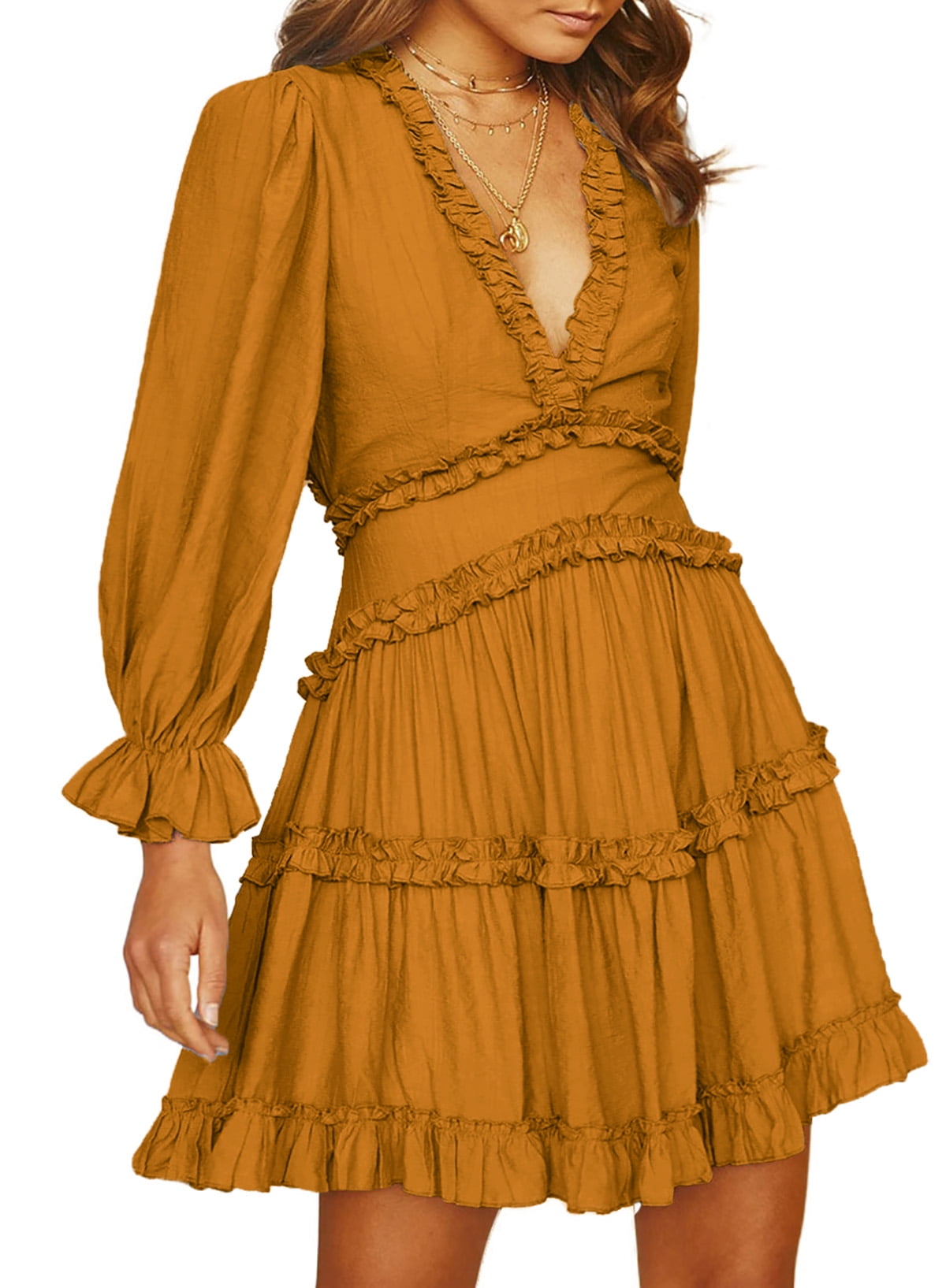 HOTAPEI Womens Dresses 2023 Spring Summer Deep V Neck Open Back Dress Ruffle Layer Swing Long