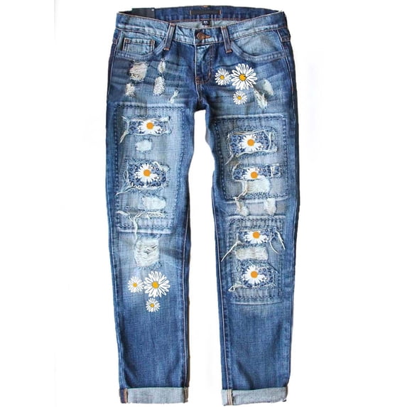 HOTAPEI Womens Ripped Jeans Floral Patchwork Jeans Straight Leg Jeans Destroyed Slim Fit Jeans