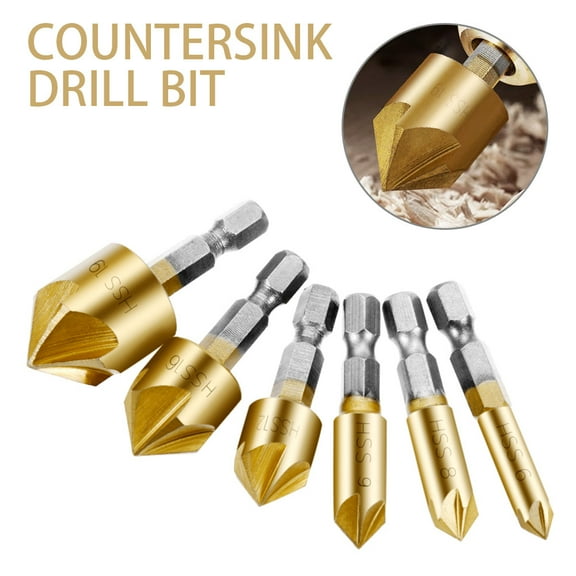 HOTBEST 1/4'' Hex HSS Countersink Drill Bit Set Chamfer Cutter 6pcs Baban 5 Flute 90 Titanium-coated Working Chamfer Center Punching Tool