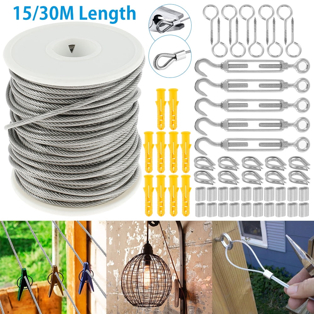 HOTBEST 15M Wire Rope Cable Hooks Hanging Kit Stainless Steel DIY Garden  Fencing