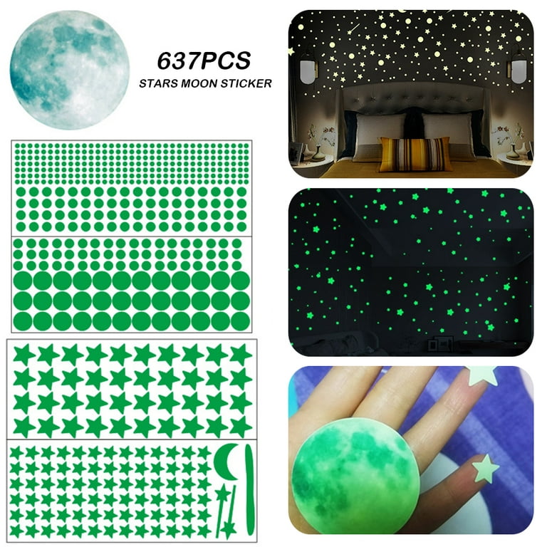 Hotbest 637pcs Glow in The Dark Stars Stickers Glowing Ceiling Stars Full Moon Wall Stickers Solar System Galaxy Planets Wall Decor for Kids Gilrs