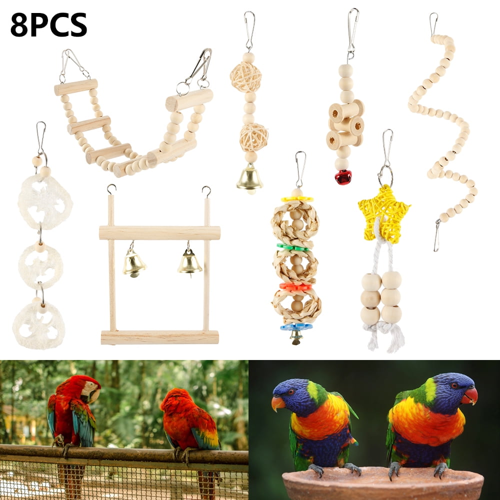 HOTBEST 8PCS Small Bird Swing Toys, 8 PCS Parrots Chewing Natural Wood