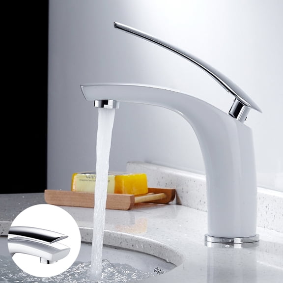 HOTBEST Bathroom Basin Mixer Tap with Pop Up Waste Single Lever Brass Modern Hot and Cold Mixer Sink Faucet White Plated