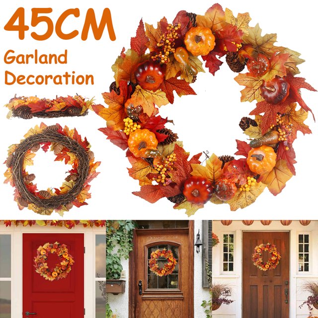 HOTBEST Fall Wreath,Front Door Pumpkins Fall Maple Leaf Wreath