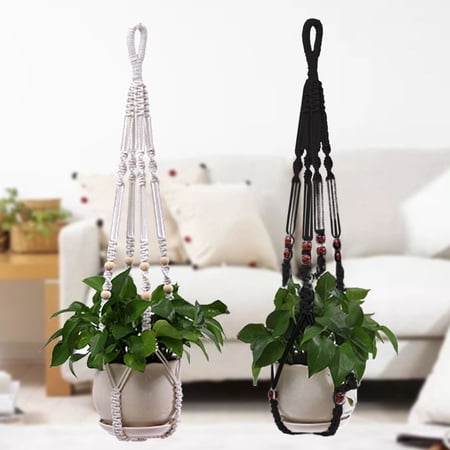 Pluokvzr Macrame Hangers and 2 PCS Hook, Indoor Outdoor Handmade Cotton Rope Hanging Planters Set with Wood Beads Decorative Macrame Hanger for Home Decor