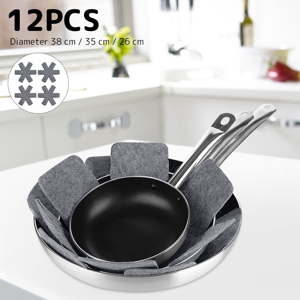 12-Pack Felt Pan Protector Pads - Anti-Scratch Dividers For Stacking Pots & Pans, 3 Sizes, Black