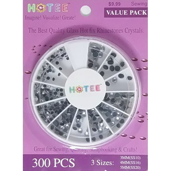 HOTEE Hotfix Rhinestones Glass Crystals- 3 sizes stones with Free Storage Case- Great for Quilting, Sewing, Scrapbooking, Renaissance Costumes & General crafts- VALUE PACK 300 pcs- Clear Crystal