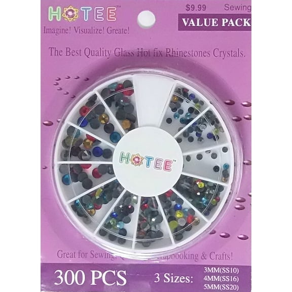 HOTEE Hotfix Rhinestones Glass Crystals- 3 sizes stones with Free Storage Case- Great for Quilting, Sewing, Scrapbooking, Renaissance Costumes & General crafts- VALUE PACK 300 pcs- MultiColor