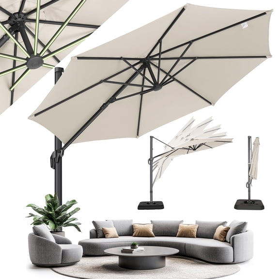 HOTEEL 10 Ft Patio Umbrella Outdoor Cantilever Umbrella Aluminum Offset Umbrella with Base, 360° Rotation, Beige