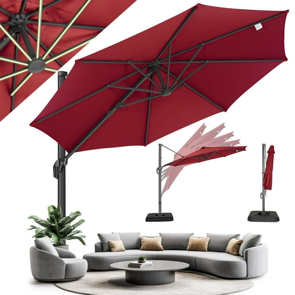 HOTEEL 10 Ft Patio Umbrella Outdoor Cantilever Umbrella Aluminum Offset Umbrella with Base, 360° Rotation，Burgundy