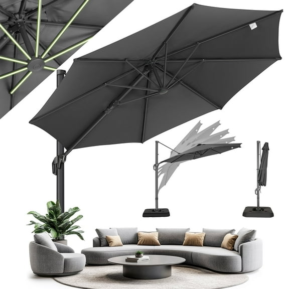 HOTEEL 10 Ft Patio Umbrella Outdoor Cantilever Umbrella Aluminum Offset Umbrella with Base, 360° Rotation,Gray