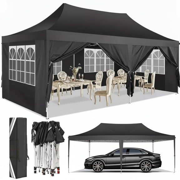 HOTEEL 10' x 20' Pop up Canopy Tent,Heavy Duty Waterproof Commercial Instant Gazebo,Outdoor Canopy for Party,Wedding,Event,Backyard,Black