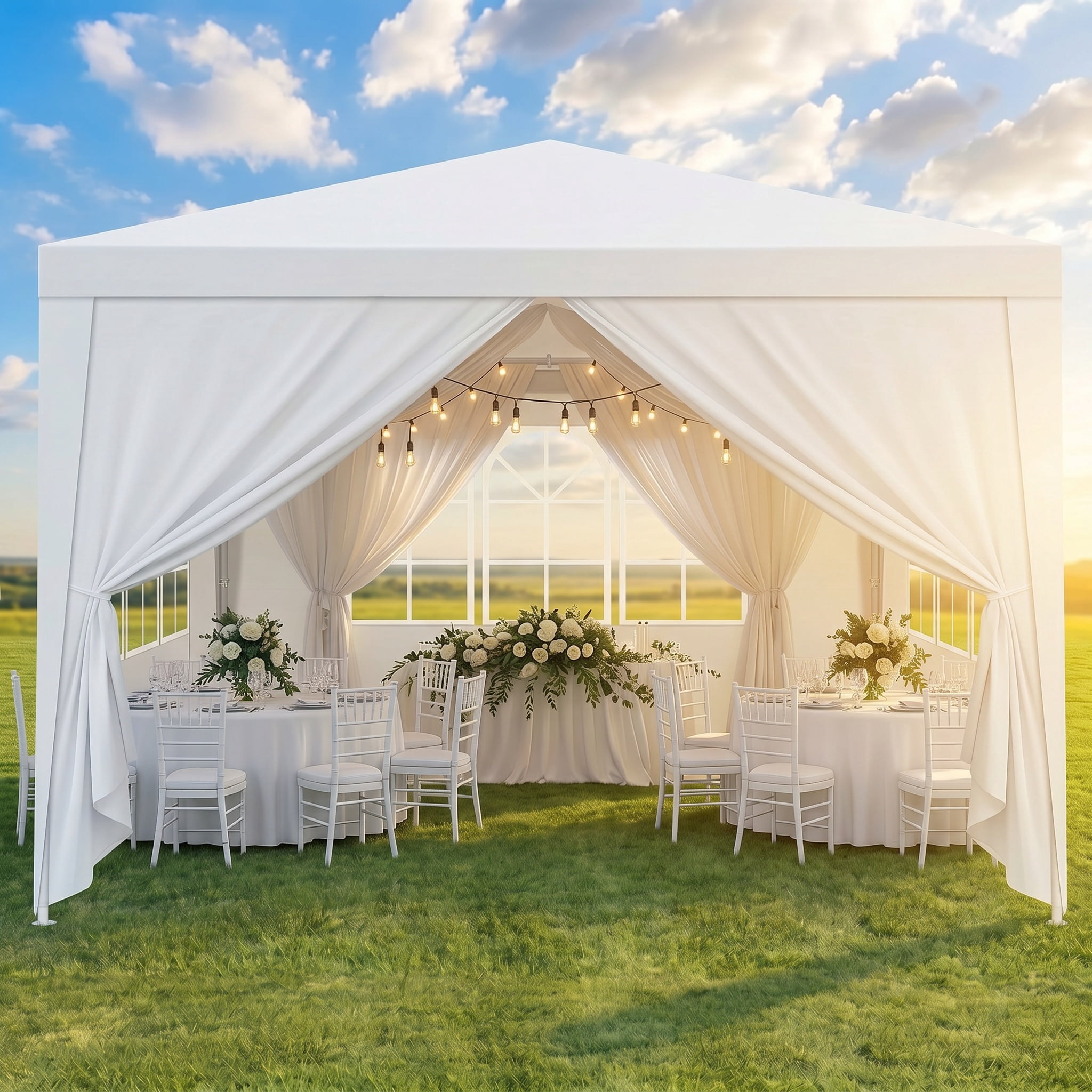 HOTEEL 10'x10' Canopy Party Tent with 2 Removable Sidewalls, Outdoor Tent for Parties, Event Tent, Patio Camping Gazebo, Portable Tent for Weddings, BBQ, Parties, Waterproof, White