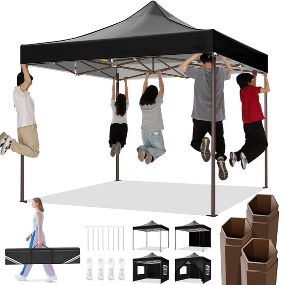 HOTEEL 10x10 Heavy Duty Canopy Tent,Commercial Pop Up Gazebo with 4 Sidewalls,Waterproof UV50+ Party Tent&Carry Bag(Black)