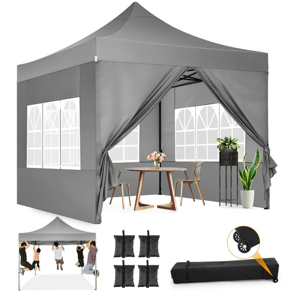HOTEEL 10 x10 Pop up Commercial Canopy, Heavy Duty Canopy Tent with 4 Sidewalls, Instant Outdoor Party Tent,Windproof & Waterproof Gazebo with Roller Bag,Gray (Frame Thickened)