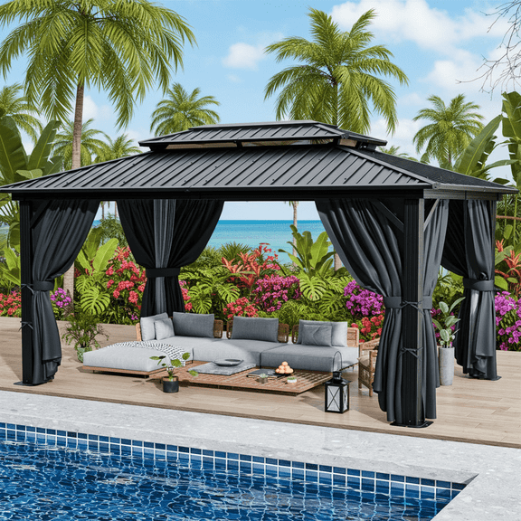 HOTEEL 10'x12' Hardtop Gazebo Aluminum Gazebo with Galvanized Steel Double Roof, Outdoor Permanent Frame Canopy Metal Pavilion for Patio, Backyard, Garden (Black)