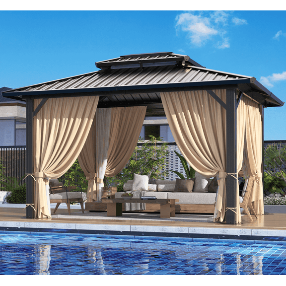 HOTEEL 10'x12' Hardtop Gazebo Heavy Duty Outdoor Gazebo with Galvanized Steel Double Roof, Flame-Retardant Curtains and Netting, Permanent Gazebo for Patio, Lawn and Backyard, Brown