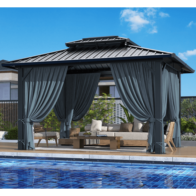 HOTEEL 10'x12' Hardtop Gazebo Heavy Duty Outdoor Gazebo with Galvanized Steel Double Roof, Flame-Retardant Curtains and Netting, Permanent Gazebo for Patio, Lawn and Backyard, Black