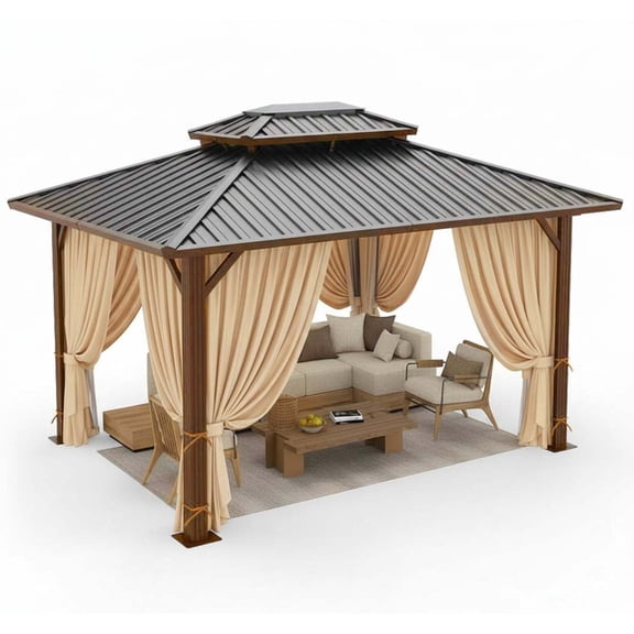 HOTEEL 10'x12' Hardtop Gazebo, Outdoor Steel Double Galvanized Roof Canopy, Aluminum Frame Permanent Pavilion Metal Gazebo with Curtains and Nettings, Sunshade for Patios, Gardens, Lawns, Brown